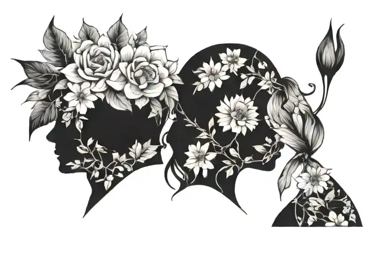 silhouette of two people man and woman without faces facing forward with flowers on the sides tattoo design idea