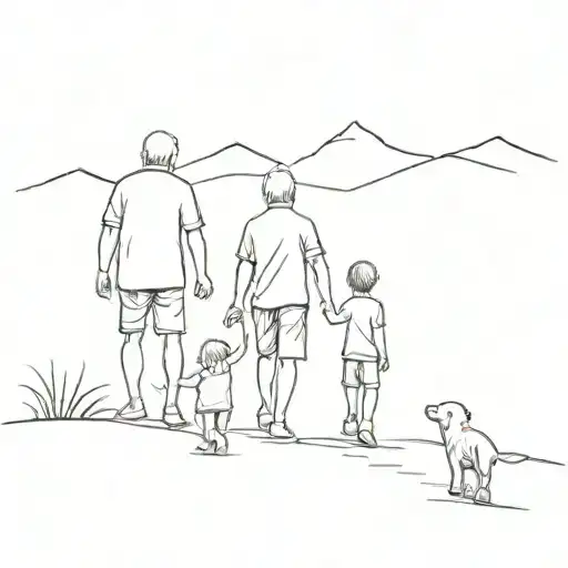 Two grandsons and grandpa holding hands and walking away, in the background mountain, one kid with ball and one with toy tattoo design idea
