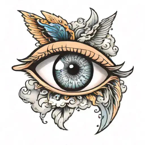 crying eye with clouds and wing tattoo design idea