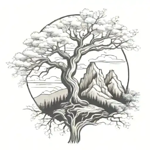 tree and mountain scene tattoo coverup tattoo 4 inches   tattoo design idea