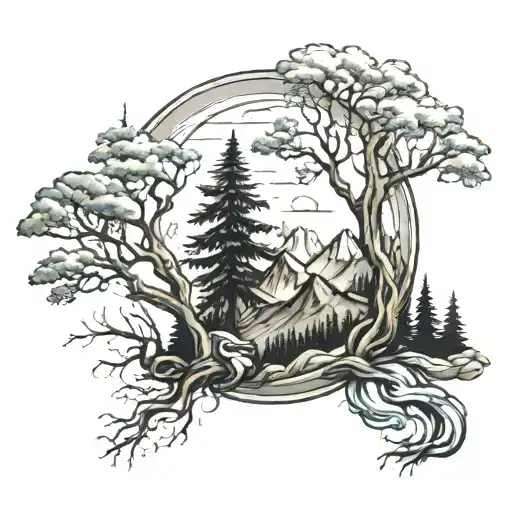 tree and mountain scene tattoo coverup tattoo tattoo design idea