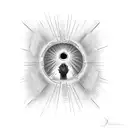 man looking through a portal reaching out to a girl who is looking away tattoo design idea