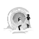 man looking through a portal reaching out to a girl who is looking away tattoo design idea