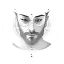 man looking through a portal reaching out to a girl who is looking away tattoo design idea