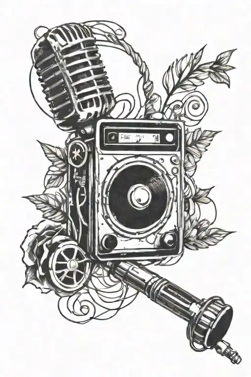 microphone cassette player peace symbol notes tattoo design idea