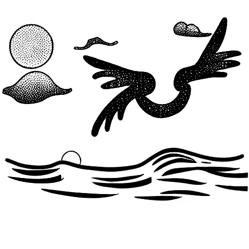 a beach sunset, with just the sun, the water, the sand and little seagles tattoo design idea