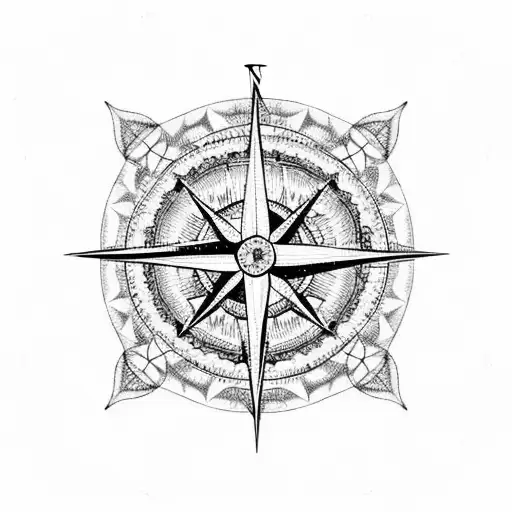 A simple blackwork tattoo of a compass rose surrounded by hiking trails and ocean waves tattoo design idea
