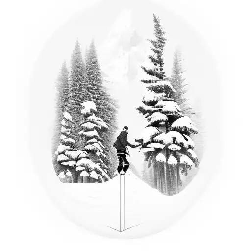 A dynamic composition featuring a snowboarder carving through fresh powder, surrounded by towering pine trees and the client's daughter's initials, WM tattoo design idea