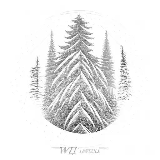 A dynamic composition featuring a snowboarder carving through fresh powder, surrounded by towering pine trees and the client's daughter's initials, WM tattoo design idea