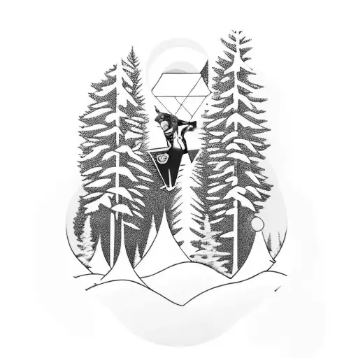 A dynamic composition featuring a snowboarder carving through fresh powder, surrounded by towering pine trees and the client's daughter's initials, WM tattoo design idea