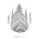 A dynamic composition featuring a snowboarder carving through fresh powder, surrounded by towering pine trees and the client's daughter's initials, WM tattoo design idea