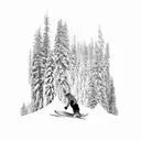 A dynamic composition featuring a snowboarder carving through fresh powder, surrounded by towering pine trees and the client's daughter's initials, WM tattoo design idea