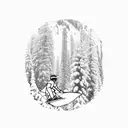 A dynamic composition featuring a snowboarder carving through fresh powder, surrounded by towering pine trees and the client's daughter's initials, WM tattoo design idea