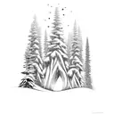 A dynamic composition featuring a snowboarder carving through fresh powder, surrounded by towering pine trees and the client's daughter's initials, WM tattoo design idea