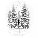 A dynamic composition featuring a snowboarder carving through fresh powder, surrounded by towering pine trees and the client's daughter's initials, WM tattoo design idea