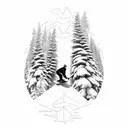 A dynamic composition featuring a snowboarder carving through fresh powder, surrounded by towering pine trees and the client's daughter's initials, WM tattoo design idea
