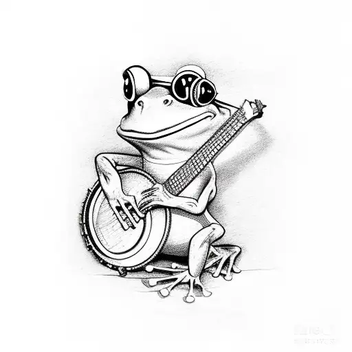 frog playing a banjo in coloured mirrored sunglasses tattoo design idea