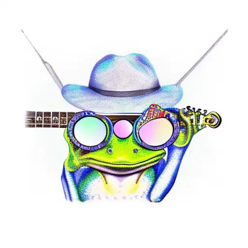 frog playing a banjo in coloured mirrored sunglasses tattoo design idea