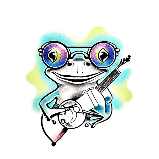 frog playing a banjo in coloured mirrored sunglasses tattoo design idea