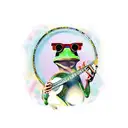 frog playing a banjo in coloured mirrored sunglasses tattoo design idea