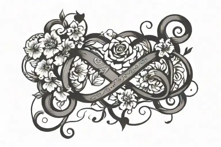 Flower infinity symbol with hearts and two names incorporated tattoo design idea