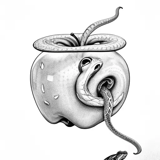 Hand holding a bitten apple entangled by a snake. Symbol of temptation tattoo design idea