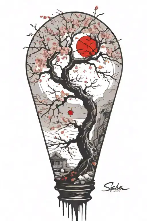 sakura tree with red moon in offset in background tattoo design idea
