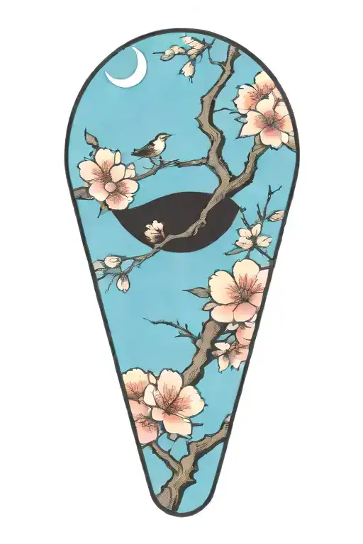 sakura branch with flowers with moon offset in background tattoo design idea