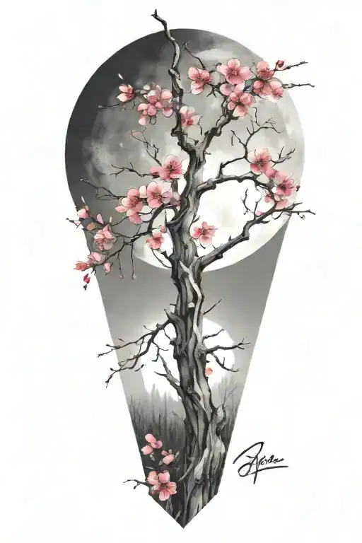 trash polka sakura branch in moonlight tattoo design idea