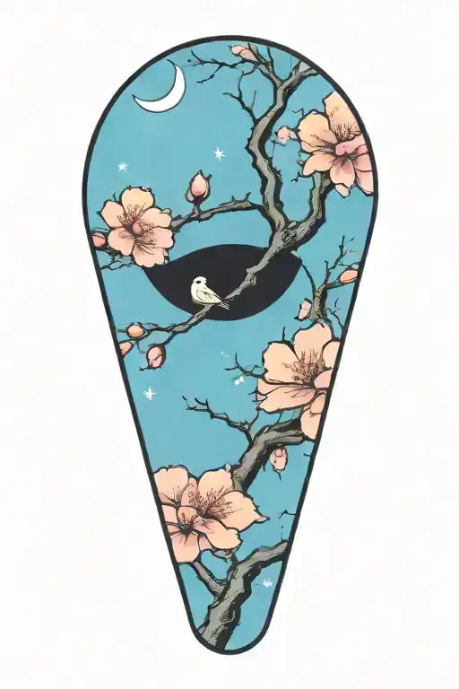 sakura tree with flowers and moon background  tattoo design idea