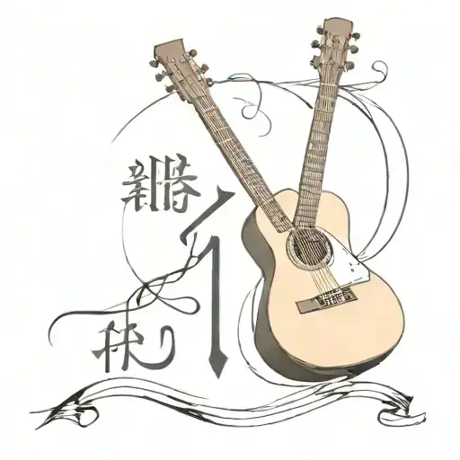 Incorporate a guitar and Chinese calligraphy of a biblical verse into a minimalist design tattoo design idea