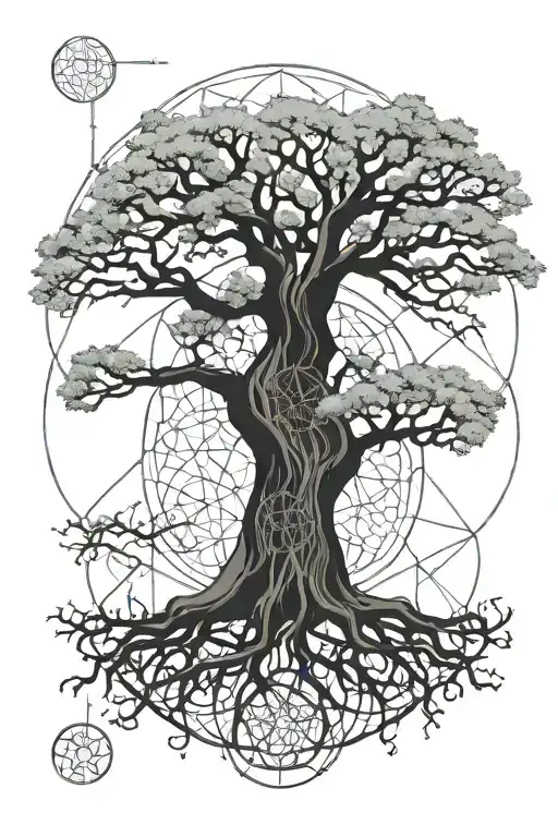 an intricate coast live oak tree with roots wrapping a flower of life tattoo design idea