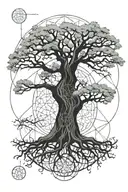 an intricate coast live oak tree with roots wrapping a flower of life tattoo design idea