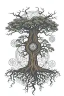an intricate coast live oak tree with roots wrapping a flower of life tattoo design idea
