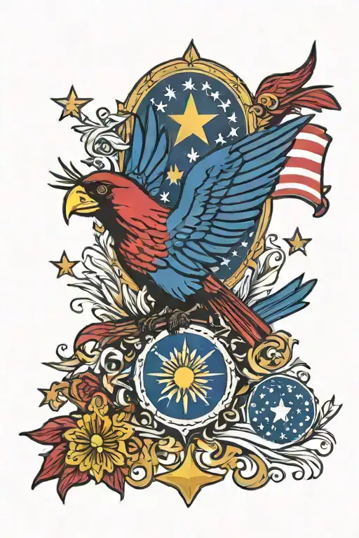 philippine flag, USA flag, cardinal, 3 stars and a sun tattoo design idea