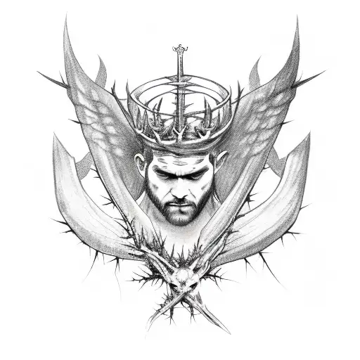 Demon with wings wearing a crown of thorns tattoo design idea