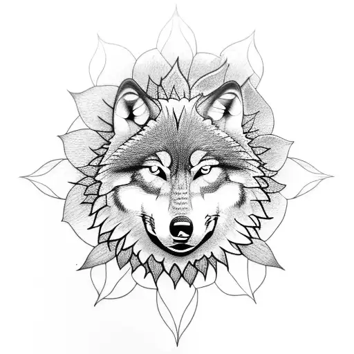 wolf inside a sunflower that encompasses it completely tattoo design idea