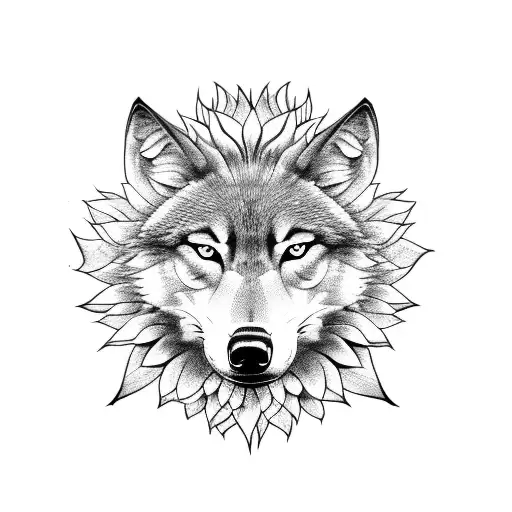 menacing wolf inside a sunflower that encompasses it completely. small head tattoo design idea