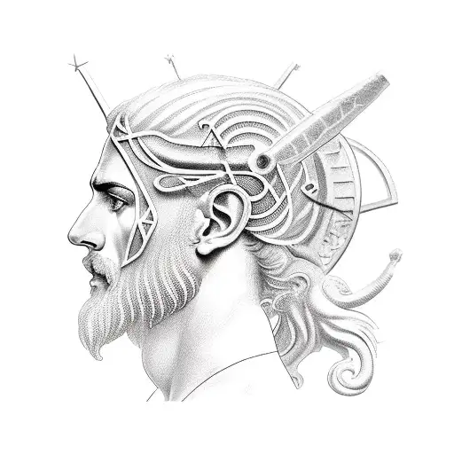 greek god sitted on very big cage with a Heart enclosed tattoo design idea