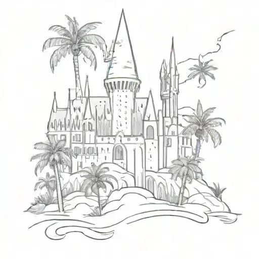 A sketch of the Hogwarts castle with palm trees surrounding it, blending Harry Potter and Florida elements together tattoo design idea
