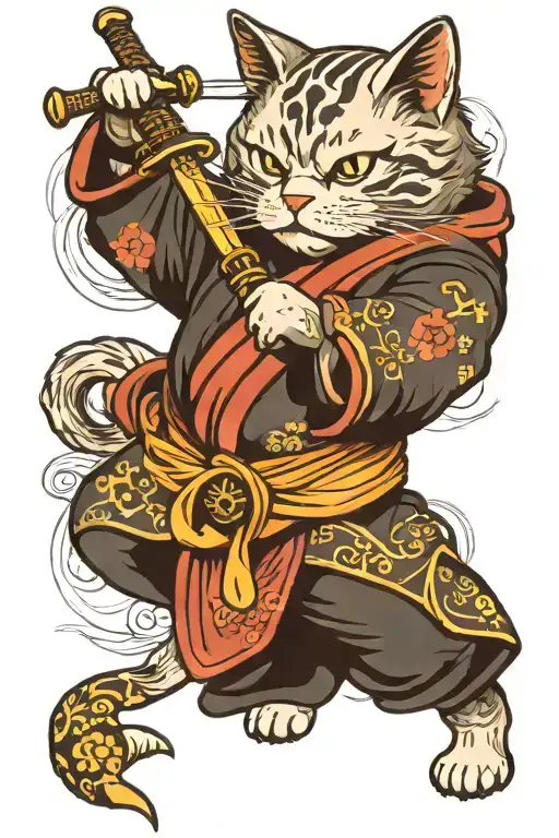 Cat in kimono holding a katana tattoo design idea