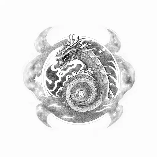 A cosmic dragon coiled around a planet, representing the balance between nature and the universe tattoo design idea