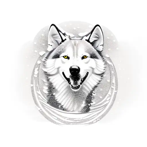 A sleddog racing through a snow-covered landscape with a baroque-style building in the background tattoo design idea