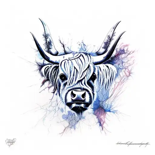 Highland Cow, Carne Griffiths, Blue and Burgundy tattoo design idea
