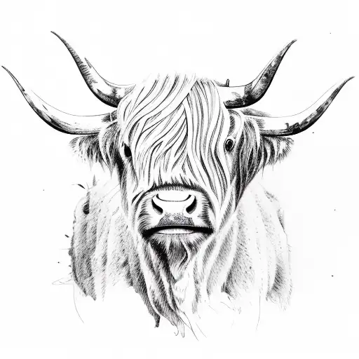 Highland Cow, Carne Griffiths, Blue and Burgundy tattoo design idea