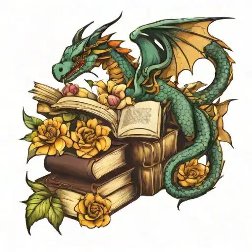 DRAGON FLOWERS AND BOOKS tattoo design idea