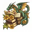 DRAGON FLOWERS AND BOOKS tattoo design idea