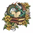 DRAGON FLOWERS AND BOOKS tattoo design idea
