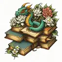 DRAGON FLOWERS AND BOOKS tattoo design idea