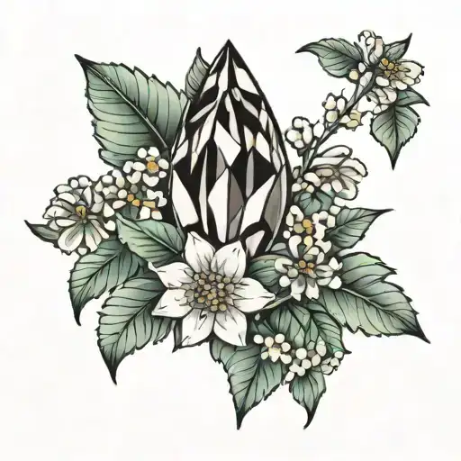 Double terminated crystal with delicate small flowers tattoo design idea